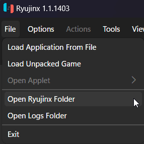 File 菜单里的 Open Ryujinx Folder 入口